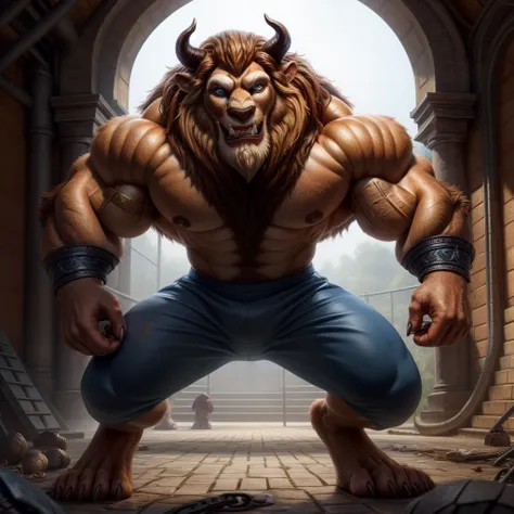 image of the beast from the movie beauty and the beast, a close-up of a man with horned head and blue shorts, muscular, muscular...