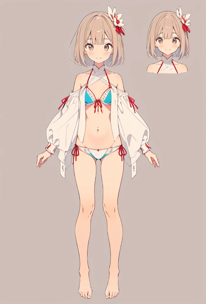 One girl, Super detailed、Clear lines、alone, smile, masterpiece, highest quality,  VTuber - whole body,  short hair、Simple bikini、Simple Background、Standing in front of the viewer、barefoot、Smaller breasts、Character design sheet、