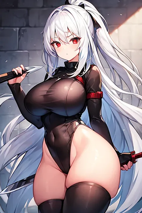 1girl, white hair, large breastsz thick thighs, leotard, knife, red eyes, black leotard,