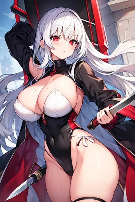 1girl, white hair, large breasts, thick thighs, leotard, knife, red eyes, black leotard,