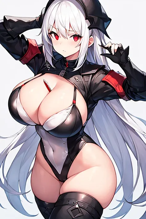 1girl, white hair, large breasts, thick thighs, leotard, knife, red eyes, black leotard,