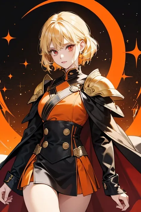  blonde hair and red eyes.

SHe wears an orange and black noble uniform, with a black cape and shoulder pads shaped like turtle shells. SPARKLE; GLITTER