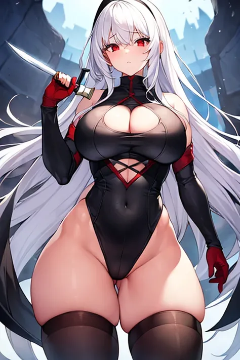 1girl, white hair, large breasts, thick thighs, leotard, knife, red eyes, black leotard,