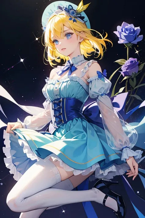 girl with teal eyes and yellow hair. She wears a periwinkle ribbon on her head and she wears a periwinkle dress with a light blue rose by the chest area and dark violet top with a dark indigo skirt with white bodice and petticoat. She also wears white tigh...