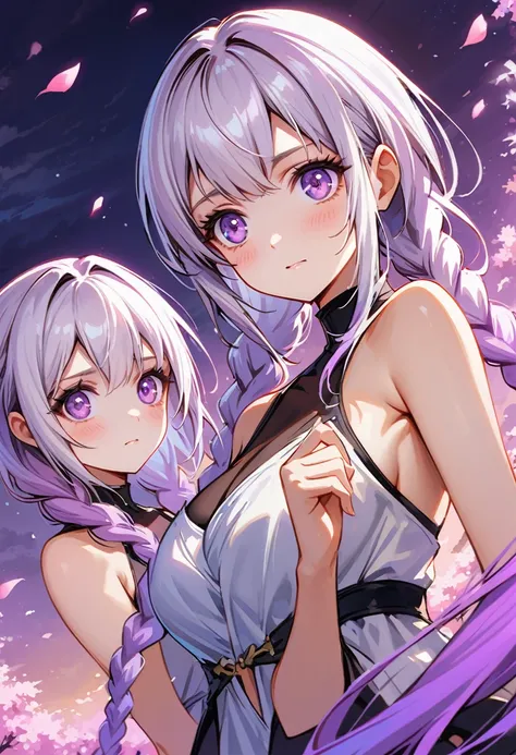 {{{masterpiece}, }}, {Extremely detailed CG unity 8k wallpaper}, Astonishing, Fine details, 2 girls Looking at the audience side by side, yinji, purple hair, purple eyes, long hair, white hair, double braids, gradient hair,, {{Cherry blossoms}, }, outdoor, Sky, {{wind}, }, Detailed background, Beautiful and delicate eyes, transparent:evening dress:0.3, cleveage, Smart pupils,Dynamic poses, Dynamic Angle, cleveage, looking at the audience, Detailed clothes, movie lighting, close up, best quality