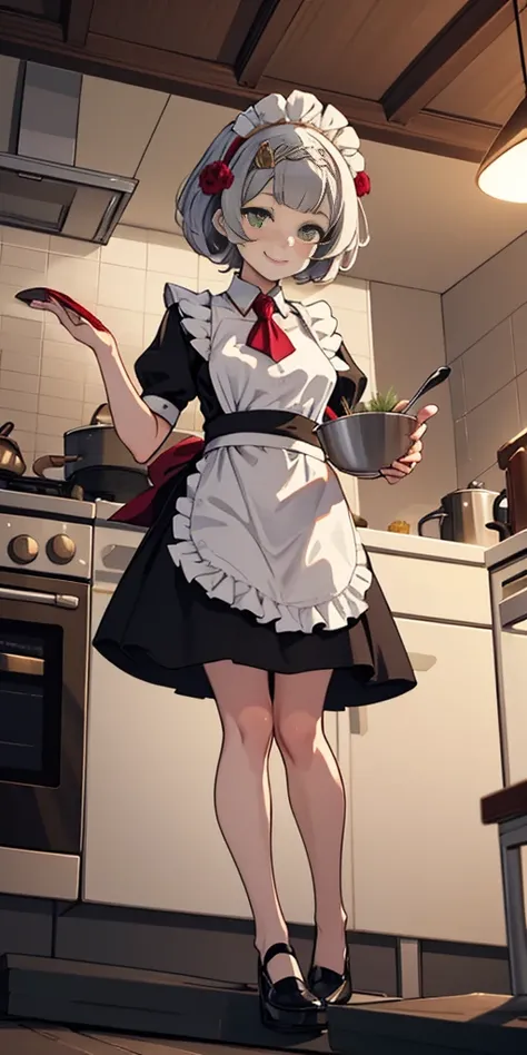 masterpiece, best quality, syrene, green eyes, headband, fates maid, kitchen, full body from below, cooking, smile red cheeks