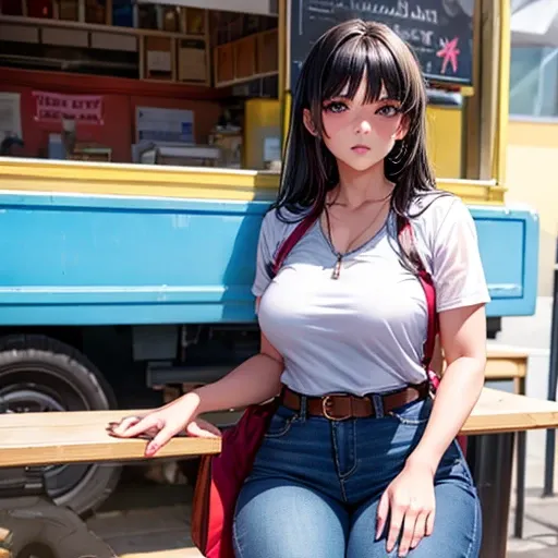 a dark-haired woman wearing full-zip shorts is eating a tlayuda at a taco stand　jeans have a belt　　　with side slits　both legs ar...