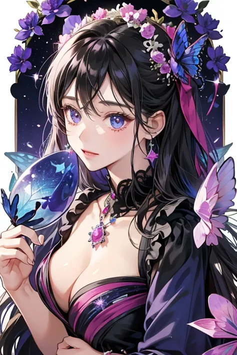 Lueas Jewel Charm is egg-shaped and colored black. It is decorated with an indigo butterfly on the center like on her hairpin, three indigo roses on the bottom and two hot pink hearts on top. SPARKLE; GLITTER