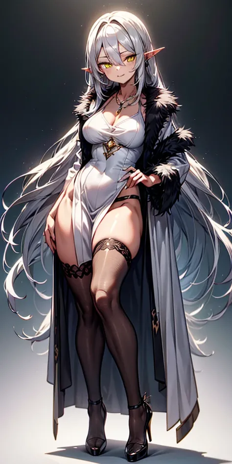 Pirotess dark elf. 1girl, white silver long hair, yellow eyes, white dress, black stockings, white high heels, jewelry necklace, fur coat, portrait