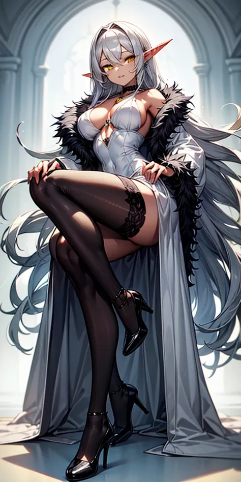 Pirotess dark elf. 1girl, white silver long hair, yellow eyes, white dress, black stockings, white high heels, jewelry necklace, fur coat, portrait