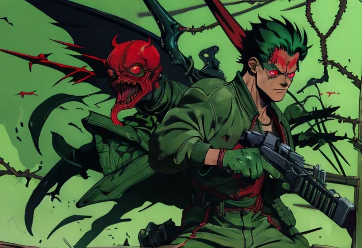 1boy, vines green medium sidecut hair, red eye, green tracksuit, vines wings, angry and mad, holding gun, dorohedoro style