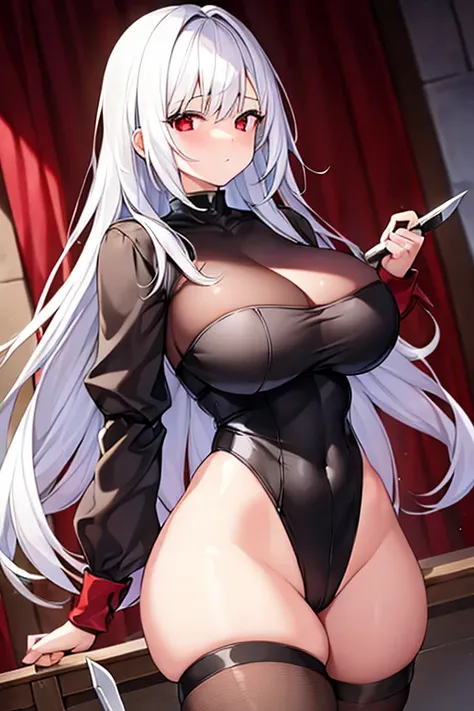 1girl, white hair, large breasts, thick thighs, leotard, knife, red eyes, black leotard,