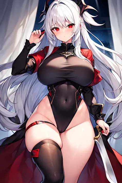 1girl, white hair, large breasts, thick thighs, leotard, knife, red eyes, black leotard,