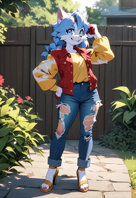 Furry, with red, braided hair, wavy blue eyes with a red denim jacket, blue  with stars on the sleeves, ripped denim shorts with sandals, yellow Anabela, high heels, open in the backyard, looking at the smiling spectator, posing