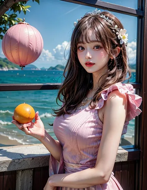 masterpiece, best quality, seaside, banquet, 1 female, Mature woman, elegant, Chinese, China, elder sister, Royal elder sister, Happy, Ball head, Light brown hair, pink eyes, Gorgeous headdress, Light pink lips, Pink clothes, yarn clothing, Intellectuals, ...