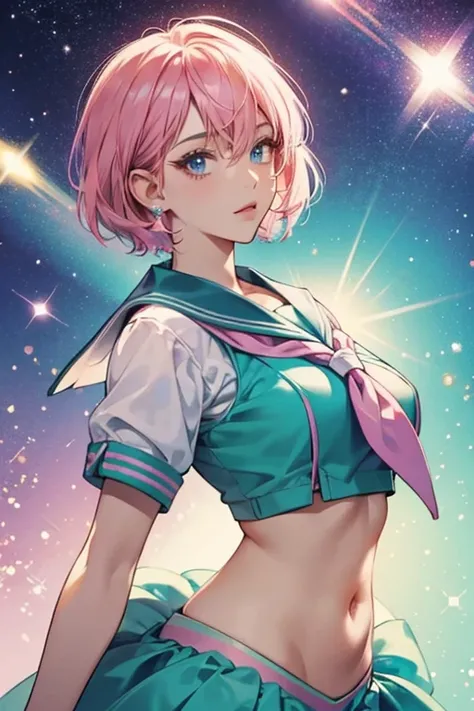 Miya has pink short hair with gradient to purple, and blue eyes. She has a green shell on her back and something like a Sailor outfit. SPARKLE; GLITTER