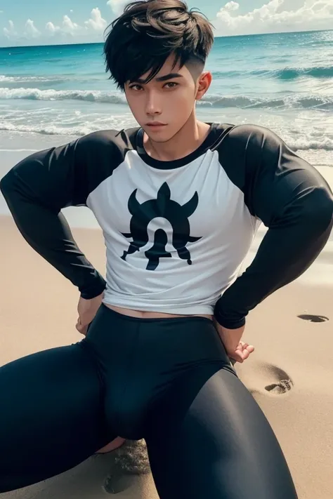 A young man having long legs, thick thighs, large wide hips, thin and narrow weist, big large feminine breasts, wearing leggings and tshirt , on beach , very small spikey boyish haircut, man man , penis bulge 