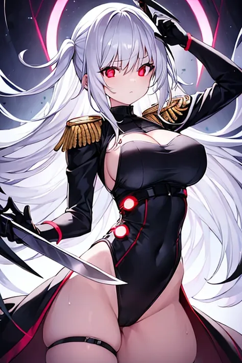 1girl, white hair, large breasts, leotard, knife, red eyes, black leotard, neon trim, neon lights, glowing eyes, epaulettes