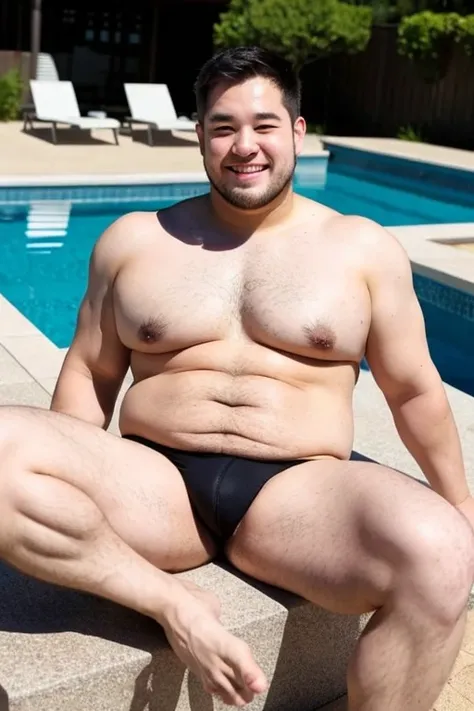 ((highest quality)), ((masterpiece)), (detailed), Perfect Face、Shaved head、Young Japanese、Muscular、Fat body、Big man、smile、white small swimsuit、Well-groomed fat face、naked、have power、Sitting with legs spread very wide、Highlights very thick thighs、Raising hi...