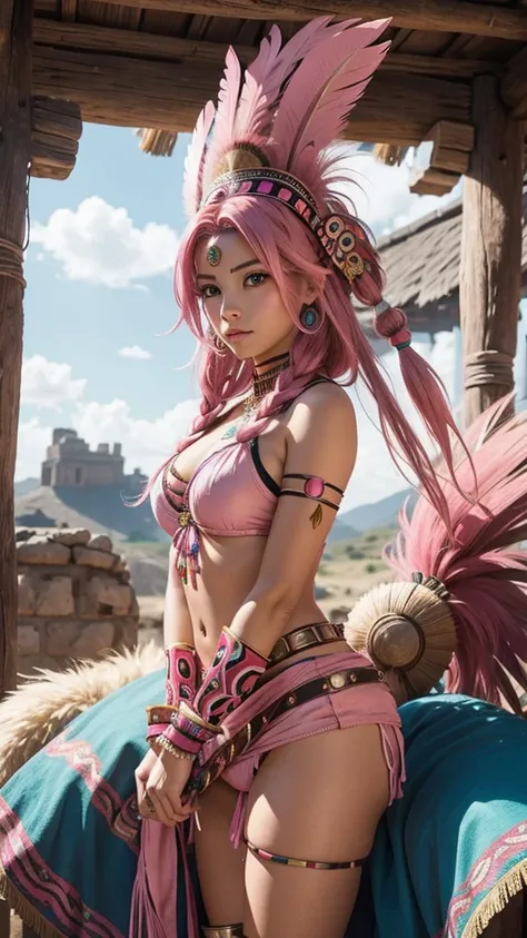 anime woman with pink hair wearing aztec Indian plume