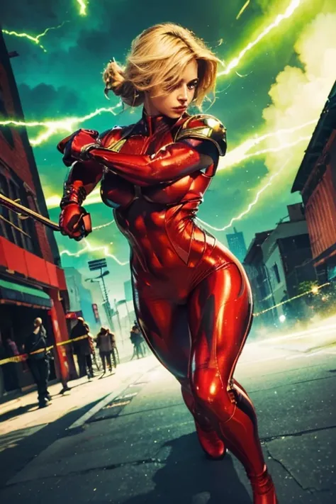 (best quality,4k,8k,highres,masterpiece:1.2), ultra-detailed, (realistic,photorealistic,photo-realistic:1.37), HDR, UHD, studio lighting, extreme detail description, professional, vivid colors, bokeh, womens hero, blonde hair, wears red spandex suit, with ...