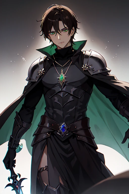 ((best quality)), ((masterpiece)), (detailed), perfect face ((Make a MAN with Dark brown hair, Piercing green colour eyes, that wears shadowy armor that seems to absorb light with his cloak is a deep emerald green, and he wears a pendant with an ominous, s...