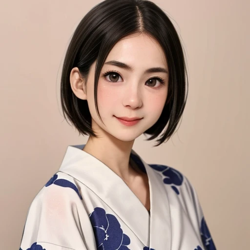 (kawaii 24 year-old Japanese girl, Nogizaka idol, Korean idol), glossy brown hair, (very short hair:1.2), beautiful black eyes, rounded face, narrow shoulders, single eyelid, (no makeup:1.2), big laughing, (yukata, Japanese traditional clothes), extra smal...