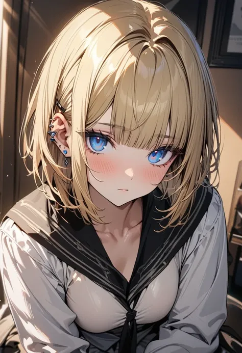 expressionless, master piece, best quality, ultra detailed, handsome, 1 woman, short hair, hime cut, blonde hair, cute eyes, blue eyes, colour tights, piercing in one ear