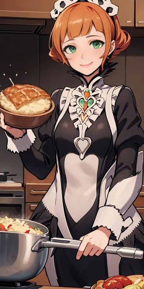 masterpiece, best quality, syrene, green eyes, headband, fates maid, kitchen, upper body, cooking, smile