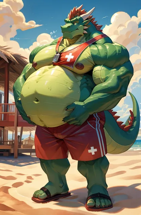 Big buff embarrassed green cartoon dragon with a ginormously oversized inflated brown stomach, high green, red eyes, big bellybutton, light green back, lifeguard tank top overhanging on top of his huge stomach, green necklace with dragon tooth, concerned l...