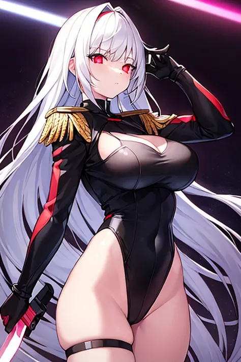 1girl, white hair, large breasts, leotard, knife, red eyes, black leotard, neon trim, neon lights, glowing eyes, epaulettes