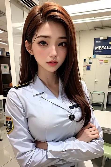 mulher, 24 anos, alta, ruiva, medica, apocalipse zumbi, corpo inteiro, usando um uniforme branco de medica