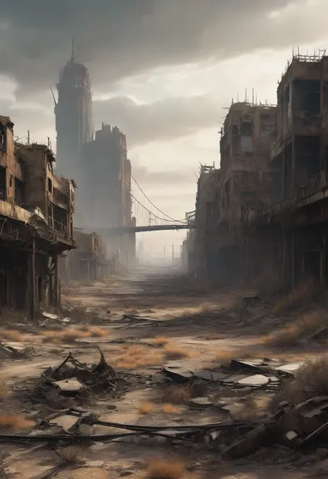 desolate landscape view of a decayed bridge winding between 2 buildings in the center of a post-apocalyptic canyon, there is a r...