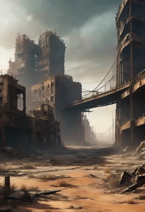 desolate landscape view of a decayed bridge winding between 2 buildings in the center of a post-apocalyptic canyon, there is a r...