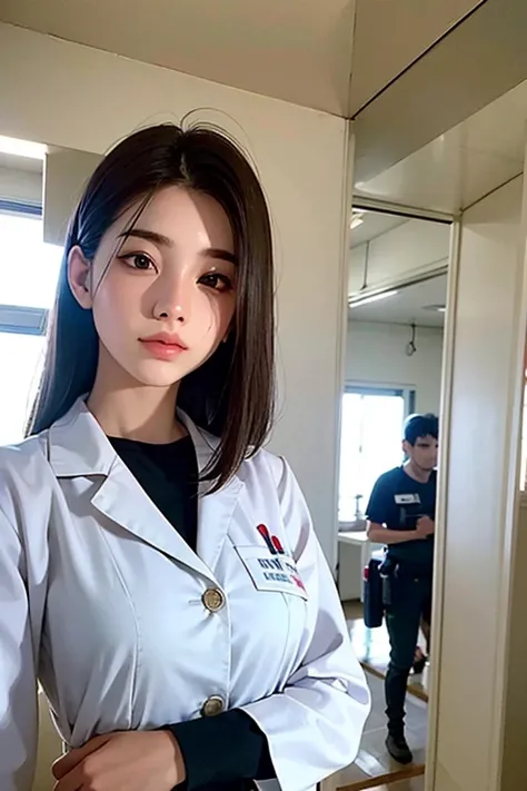 mulher, 24 anos, alta, cabelo vermelho, medica, apocalipse zumbi, corpo inteiro, usando um uniforme branco de medica