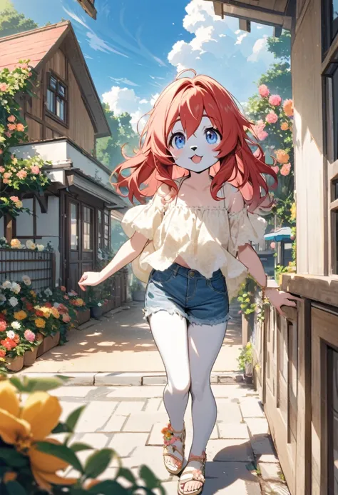 Furry hair all over her body red hair blue eyes in a yellow and white  blouse, denim shorts and short coton with opening on the sides of sandals Anabela open in the background of a house full of flowers on a sunny day with a fenced area and a swimming pool...