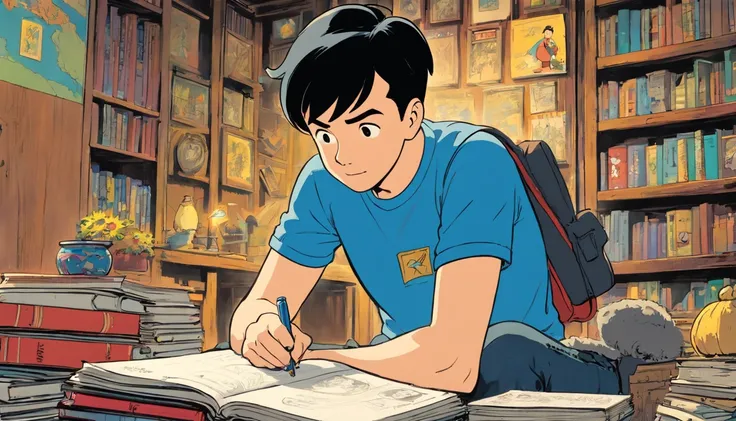 Tintin, male wearing black T-shirt and blue denim jeans drawing pictures on a sketchbook in a room full of comics books, slick and neat short black hair, herge, european comics, 