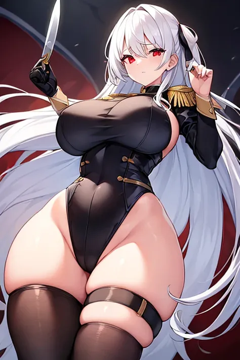 1girl, white hair, large breasts, thick thighs, leotard, knife, red eyes, black leotard, epaulettes