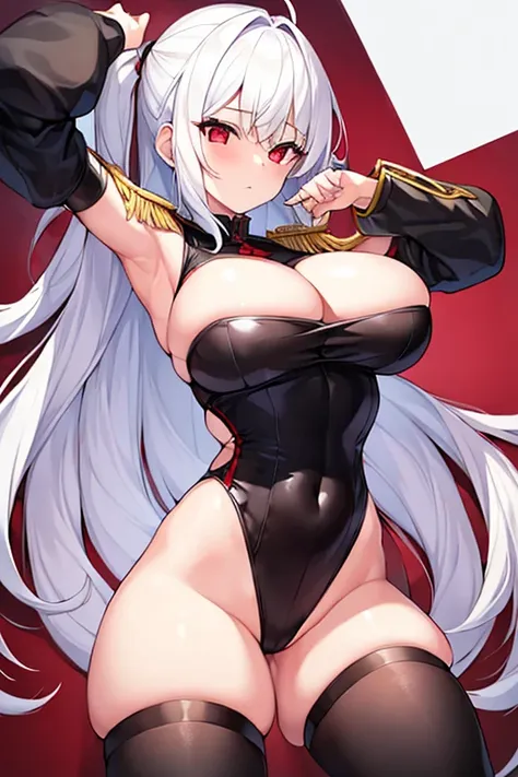 1girl, white hair, large breasts, thick thighs, leotard, knife, red eyes, black leotard, epaulettes