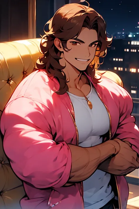 avatar,short wavy hair, white shirt,pink jacket, young male, brown eyes, night time, brown hair, smirk, golden crown