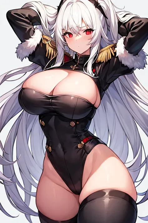 1girl, white hair, large breasts, thick thighs, leotard, knife, red eyes, black leotard, epaulettes, fur trim