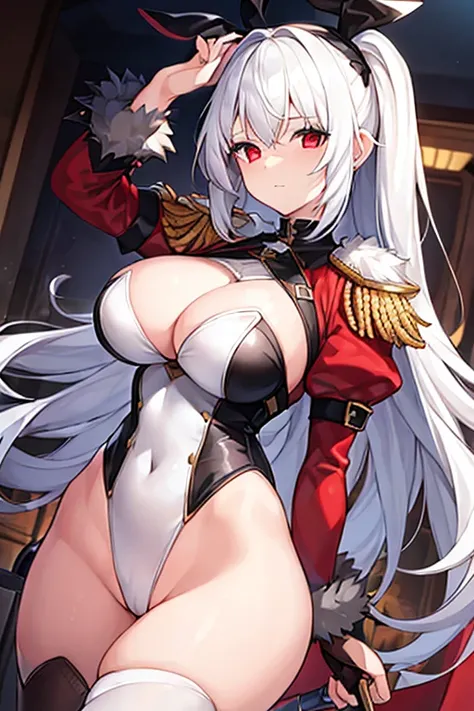 1girl, white hair, large breasts, thick thighs, leotard, knife, red eyes, black leotard, epaulettes, fur trim