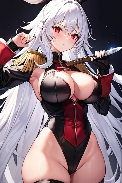 1girl, white hair, large breasts, thick thighs, leotard, knife, red eyes, black leotard, epaulettes, fur trim