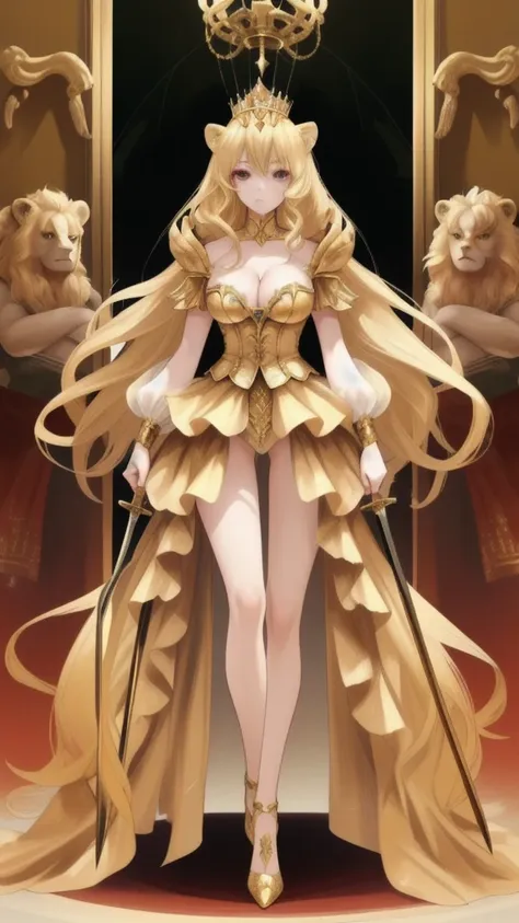 Blonde Queen Gold Tiara， Lion Totem Armor，Cleavage, high heels, cross, holding swords in both hands, standing in a castle