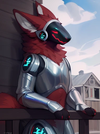 , ((( (( ),(( red fur anthropomorphic protogen furry wolf character with silver armor) ,   leaning against the wall outside Outdoors on the balcony of a wooden house on a sunny day with some clouds wearing only his silver colored armor,all red fur ))) , bi...