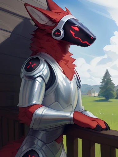 , ((( (( ),(( red fur anthropomorphic protogen furry wolf character with silver armor) ,   leaning against the wall outside Outdoors on the balcony of a wooden house on a sunny day with some clouds wearing only his silver colored armor,all red fur, you can...