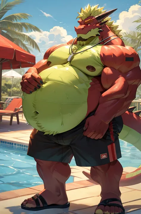 Big buff embarrassed green cartoon dragon with a humongous ginormously oversized inflated brown stomach, high green, red eyes, big bellybutton, light green back, lifeguard tank top overhanging on top of his huge stomach, green necklace with dragon tooth, c...