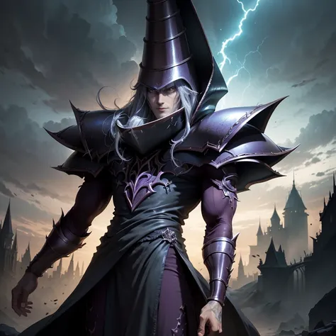 a highly detailed evil male mage, evil god of magic in abyssal armor, silver long disheveled hair, piercing evil eyes, disgusting malevolent smile, conjuring a powerful dark magic, lightning spell around, destroyed landscape, dark moody lighting, dramatic ...