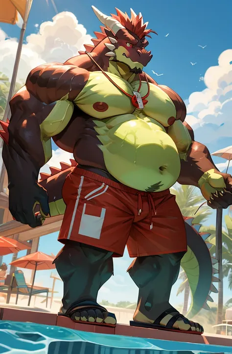 Big buff embarrassed green cartoon dragon with a humongous ginormously oversized inflated brown stomach, high green, red eyes, big bellybutton, light green back, lifeguard tank top overhanging on top of his huge stomach, green necklace with dragon tooth, c...