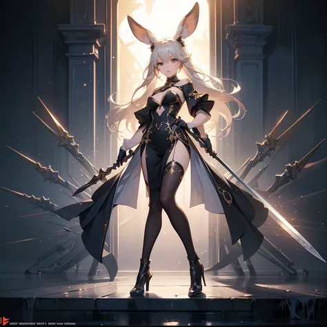 Design a layout showcase Gaming character, (1girl). Golden+Purle clothes, stylish and unique, ((showcase weapon:1.4)), magic staff, (masterpiece:1.2), (best quality), 4k, ultra-detailed, (Step by step design, layout art:1.5), (luminous lighting, atmospheri...